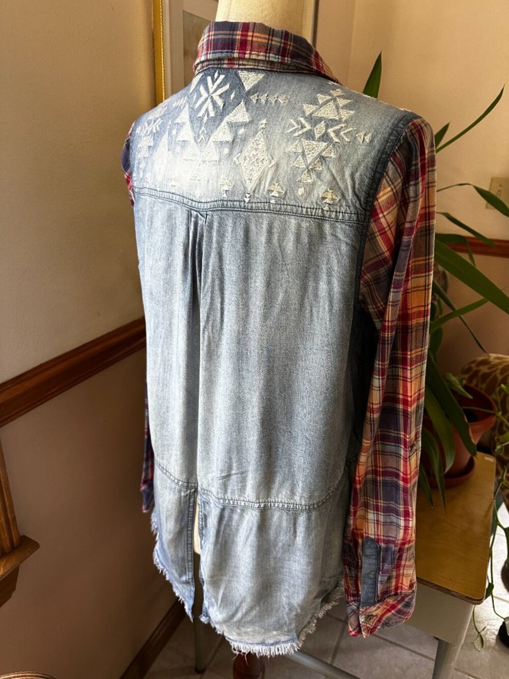 Miss Me Button Down Blouse, Plaid and Chambray Denim with Embroidery, L